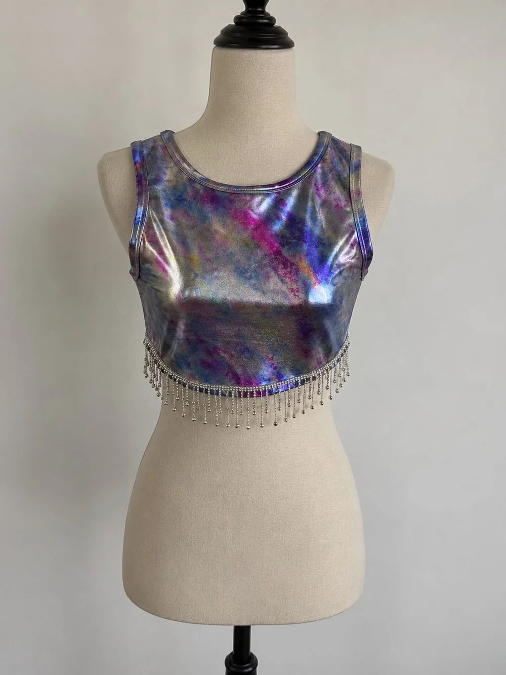 JJ's Fairyland Holographic Purple Multi Beaded Fringe Crop Top Nwt